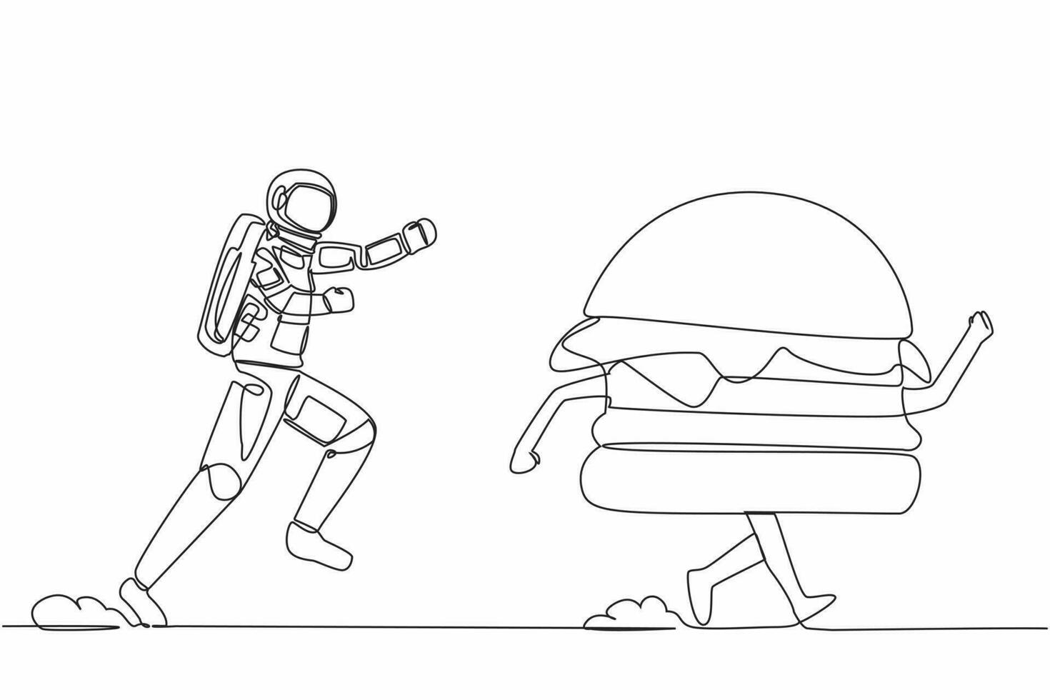 Continuous one line drawing of young astronaut run chasing hamburger in moon surface. Food estate industry in outer space. Cosmonaut outer space concept. Single line design vector graphic illustration