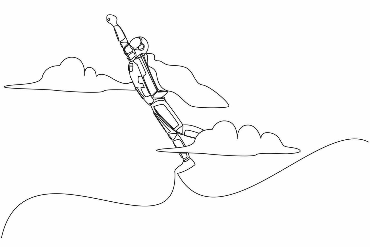 Continuous one line drawing super young astronaut in cloak flying up to cloud sky. Spaceship startup business idea or launching. Cosmonaut outer space. Single line graphic design vector illustration