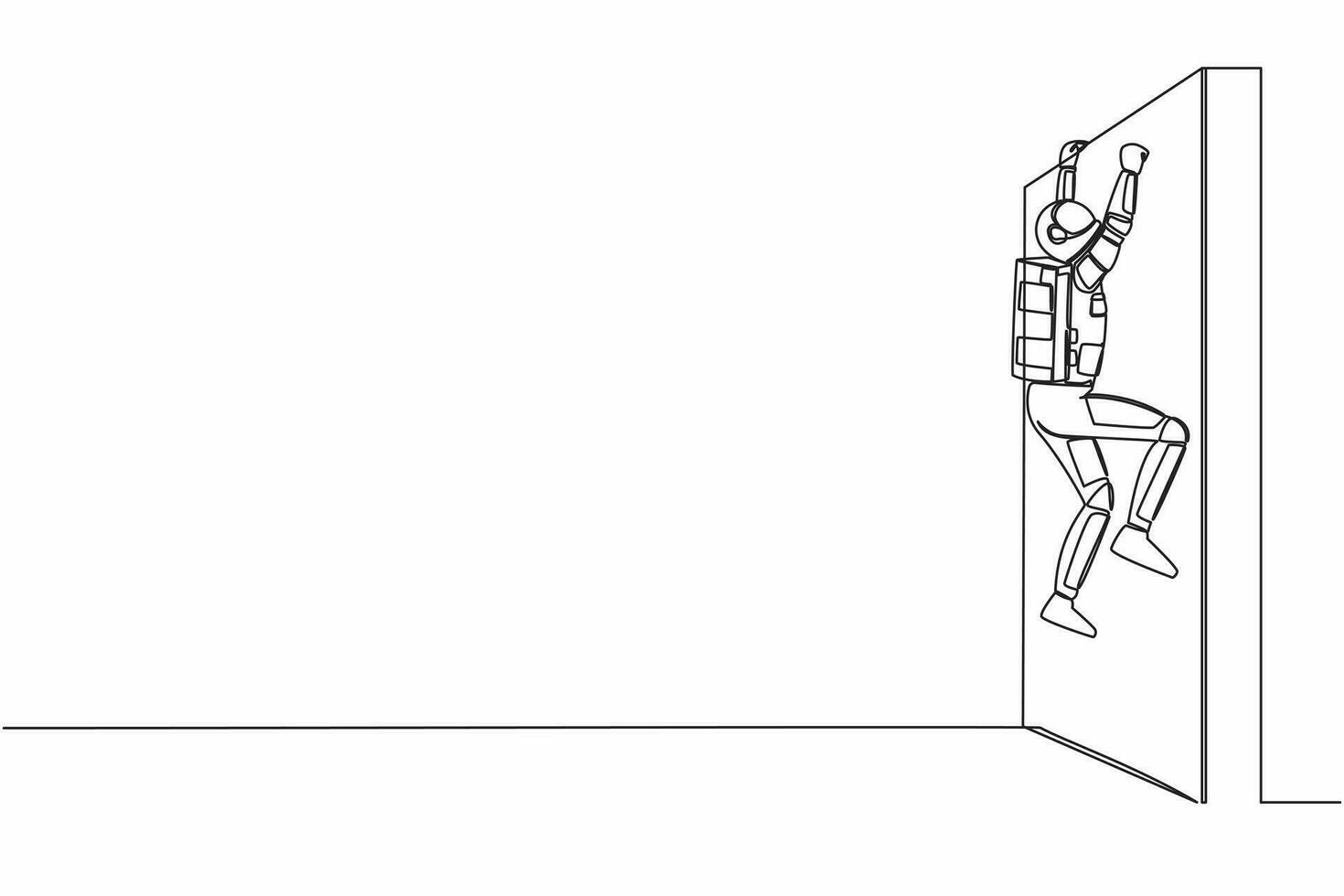 soltero continuo línea dibujo de astronauta alpinismo obstáculo pared en Luna superficie. resolver expedición problema. futuro tecnología desarrollo. cosmonauta profundo espacio. uno línea gráfico diseño vector ilustración