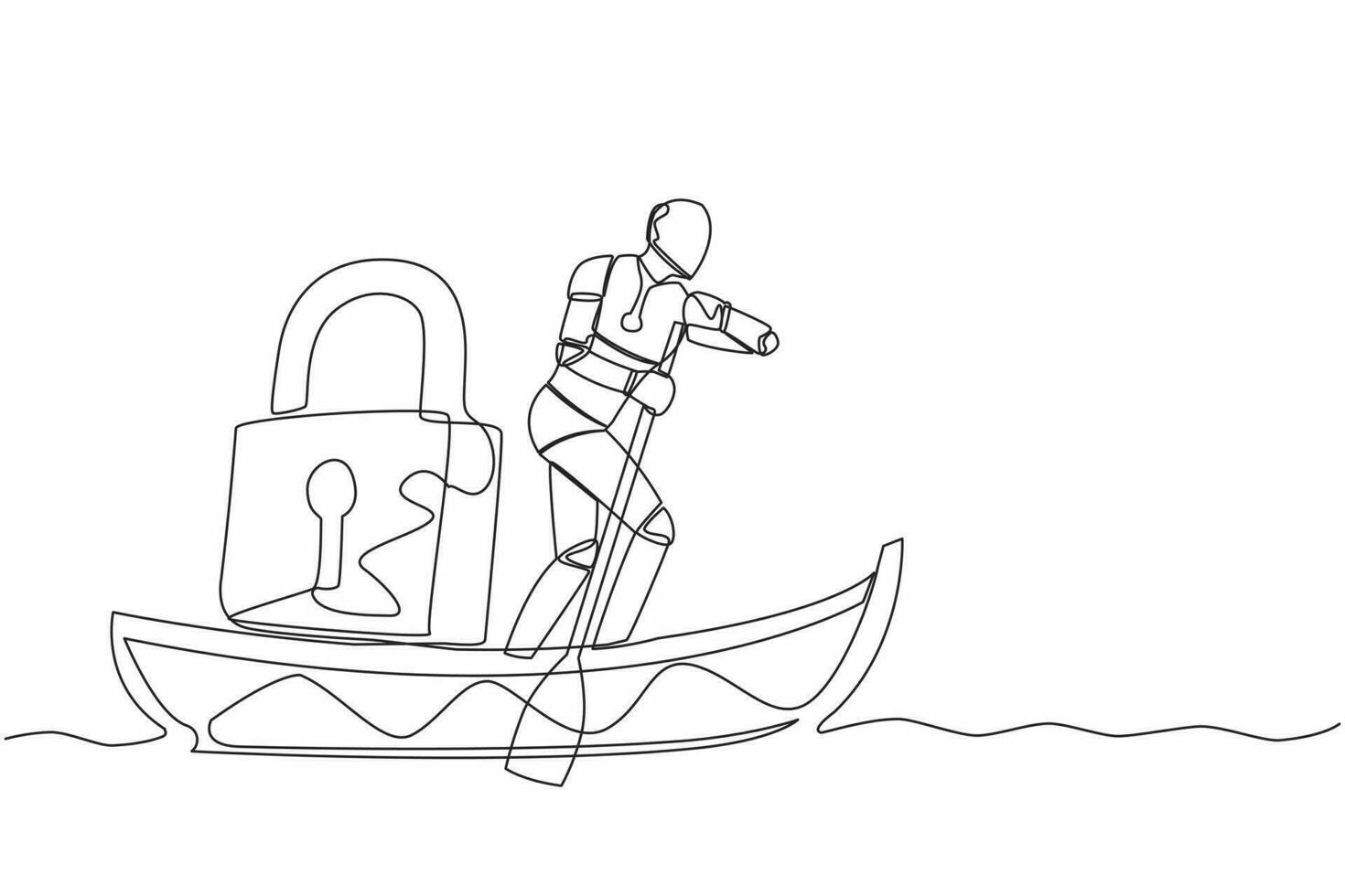 Single one line drawing robot sailing away on boat with padlock. Security and shipping business protection. Modern robotic artificial intelligence. Continuous line design graphic vector illustration