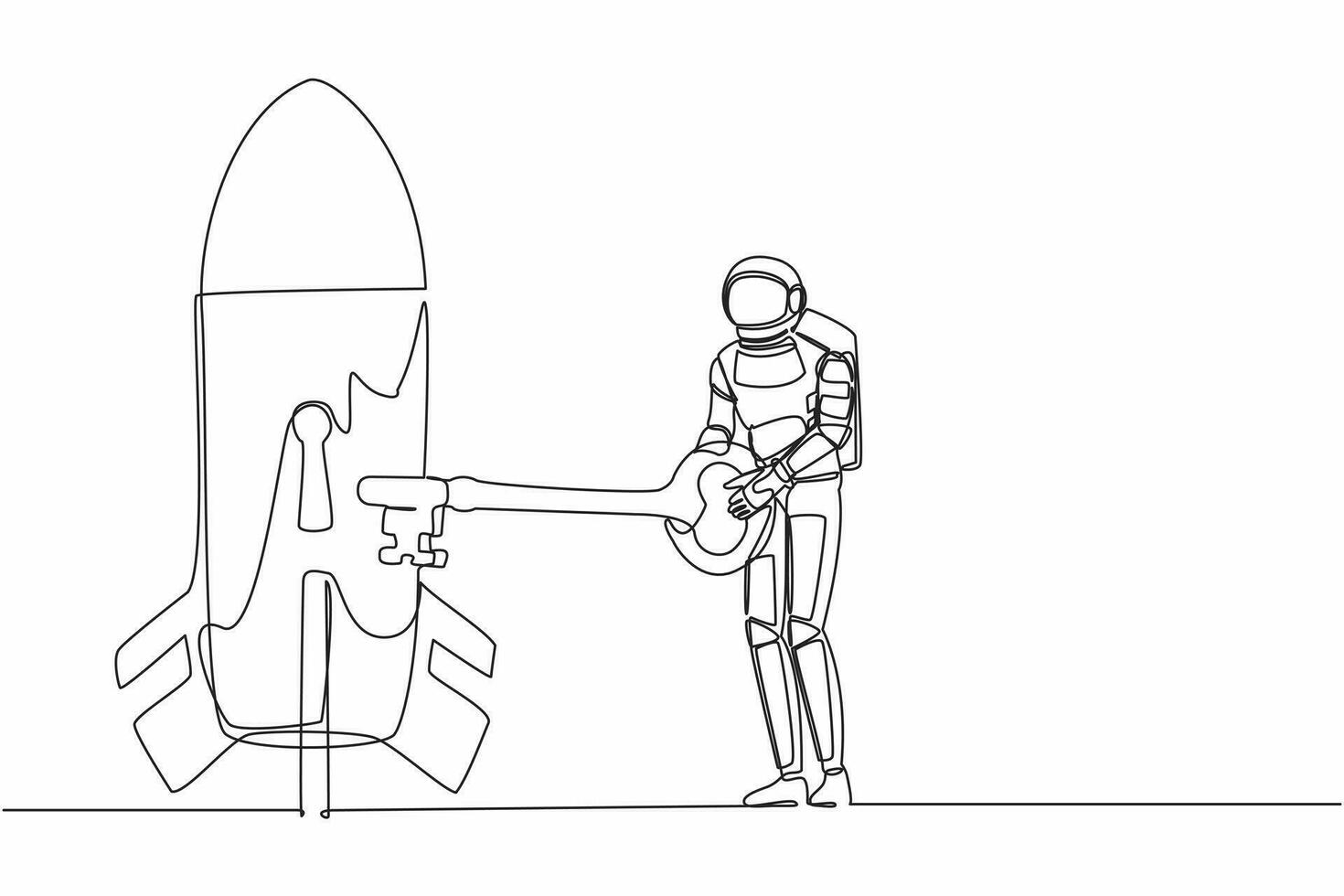 Single continuous line drawing young astronaut putting key into rocket. Launching satellite or spaceship galactic expedition. Cosmonaut deep space concept. One line design vector graphic illustration