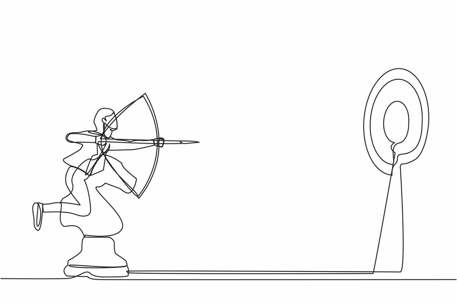 Continuous one line drawing precise businesswoman holding archery and aiming target while riding horse chess piece. Strategic move for winning competition. Single line draw design vector illustration