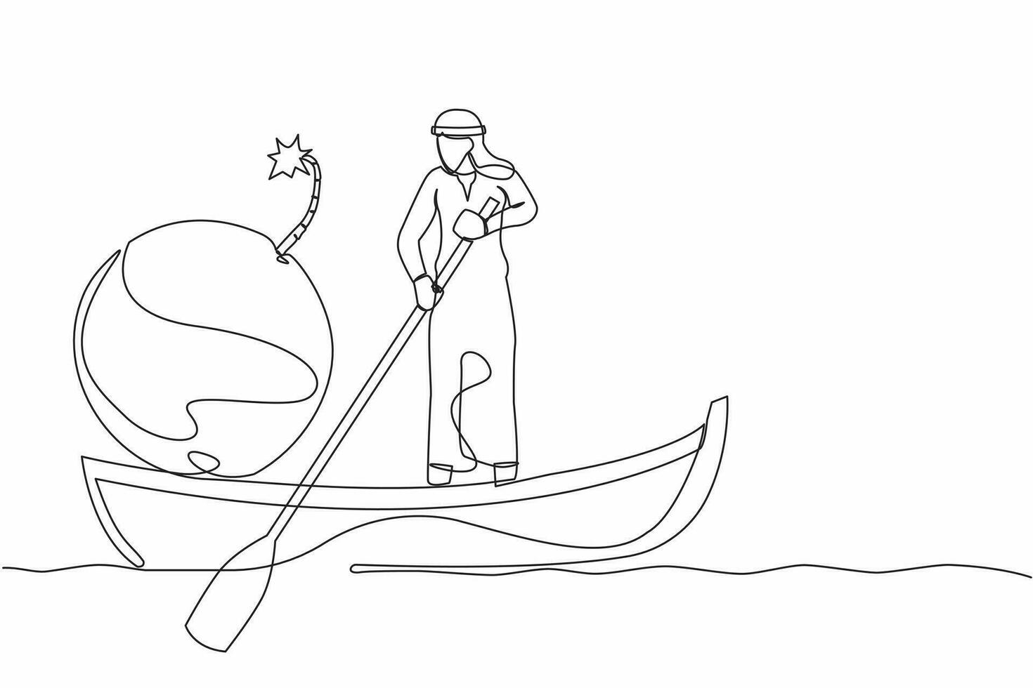 Single continuous line drawing Arab businessman sailing away on boat with bomb. Office worker fired from companies due to exploding world financial crisis. One line graphic design vector illustration