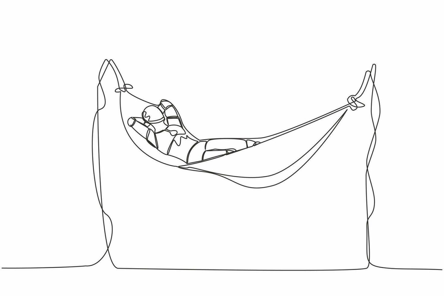 Single one line drawing happy robot lying and sleeping in hammock. Comfort, vacation, and recreation. Artificial intelligence. Technology industry. Continuous line graphic design vector illustration