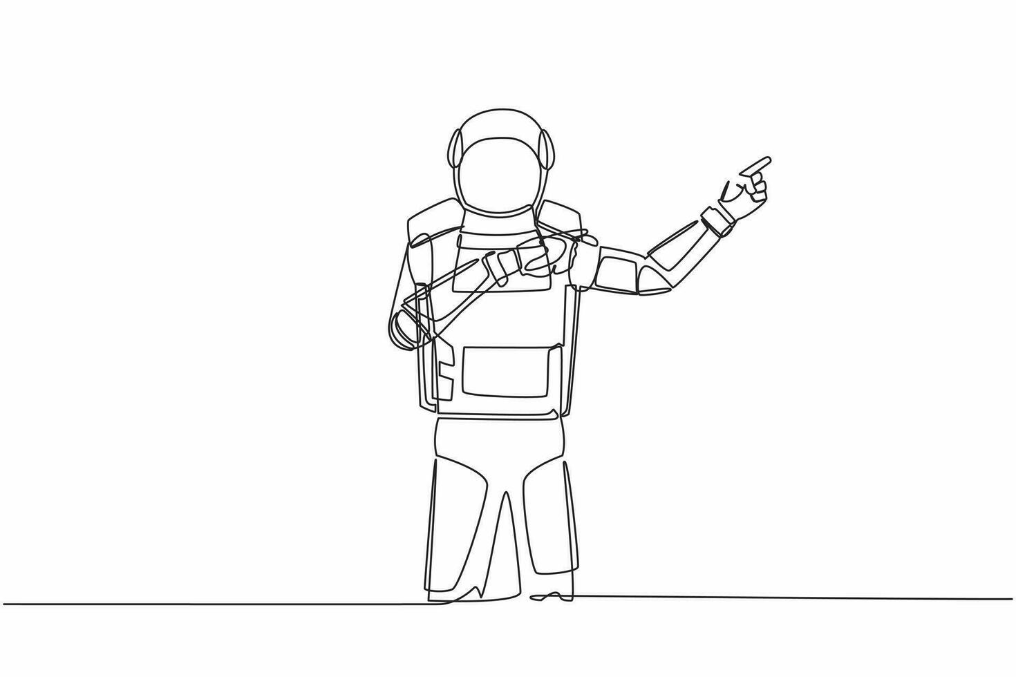 Single one line drawing young astronaut pointing away hands together and showing or presenting something in moon surface. Cosmic galaxy space. Continuous line draw graphic design vector illustration