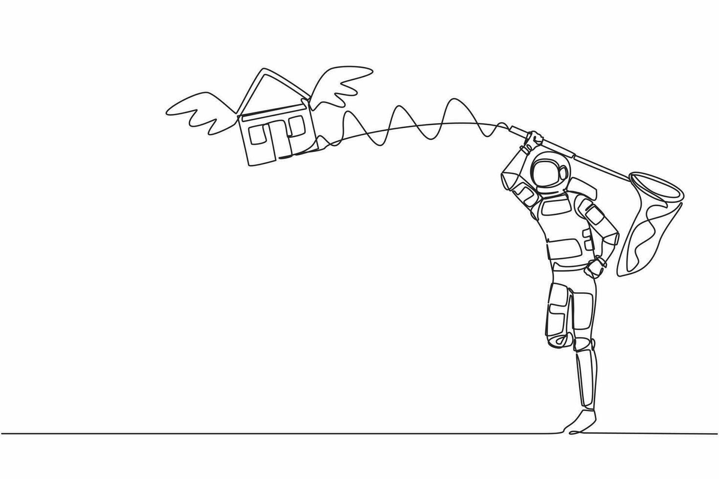 Single continuous line drawing young astronaut try to catching flying house with butterfly net. Price housing loan in other planets. Cosmonaut deep space. One line design vector graphic illustration