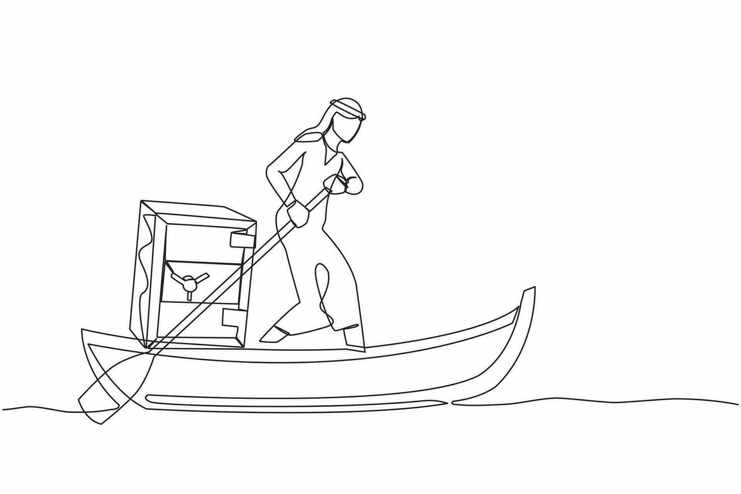 Continuous one line drawing Arabian businessman sailing away on boat with safe deposit box. Unexpected financial opportunities, credit, bank deposit protection. Single line design vector illustration