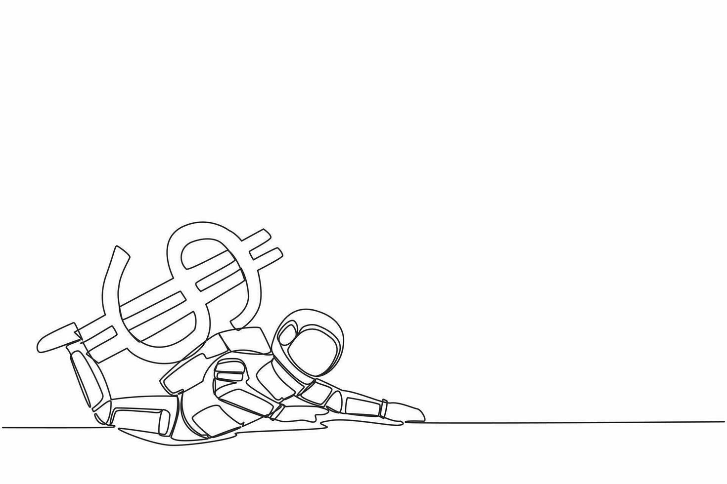 Continuous one line drawing of young astronaut under heavy dollar symbol burden. Overworked spaceman in galactic exploration. Cosmonaut outer space. Single line draw graphic design vector illustration