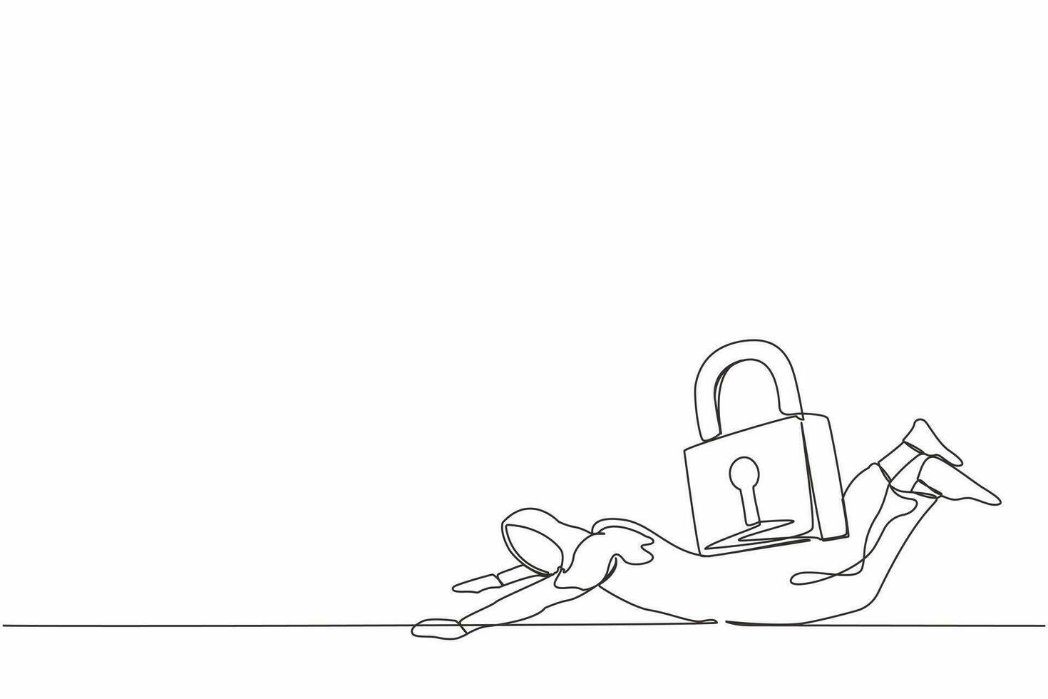 Single continuous line drawing Arabian businesswoman under heavy keypad burden. Unemployment and debt problem or bankruptcy concept, depressed dying worker. One line graphic design vector illustration