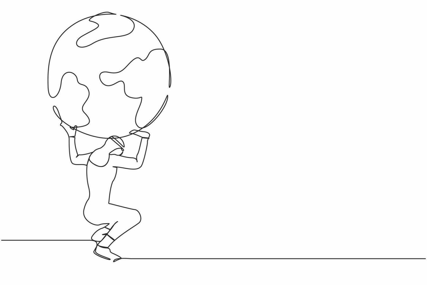 Continuous one line drawing Arab businessman carrying heavy globe on his back. Natural resources responsibility, earth exploitation, industrial pollution. Single line draw design vector illustration