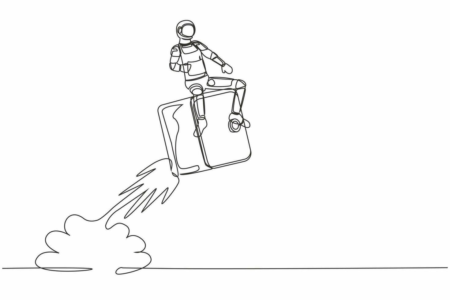 Single continuous line drawing young astronaut riding safe deposit box rocket flying in moon surface. Money protection at space company. Cosmonaut deep space. One line draw design vector illustration
