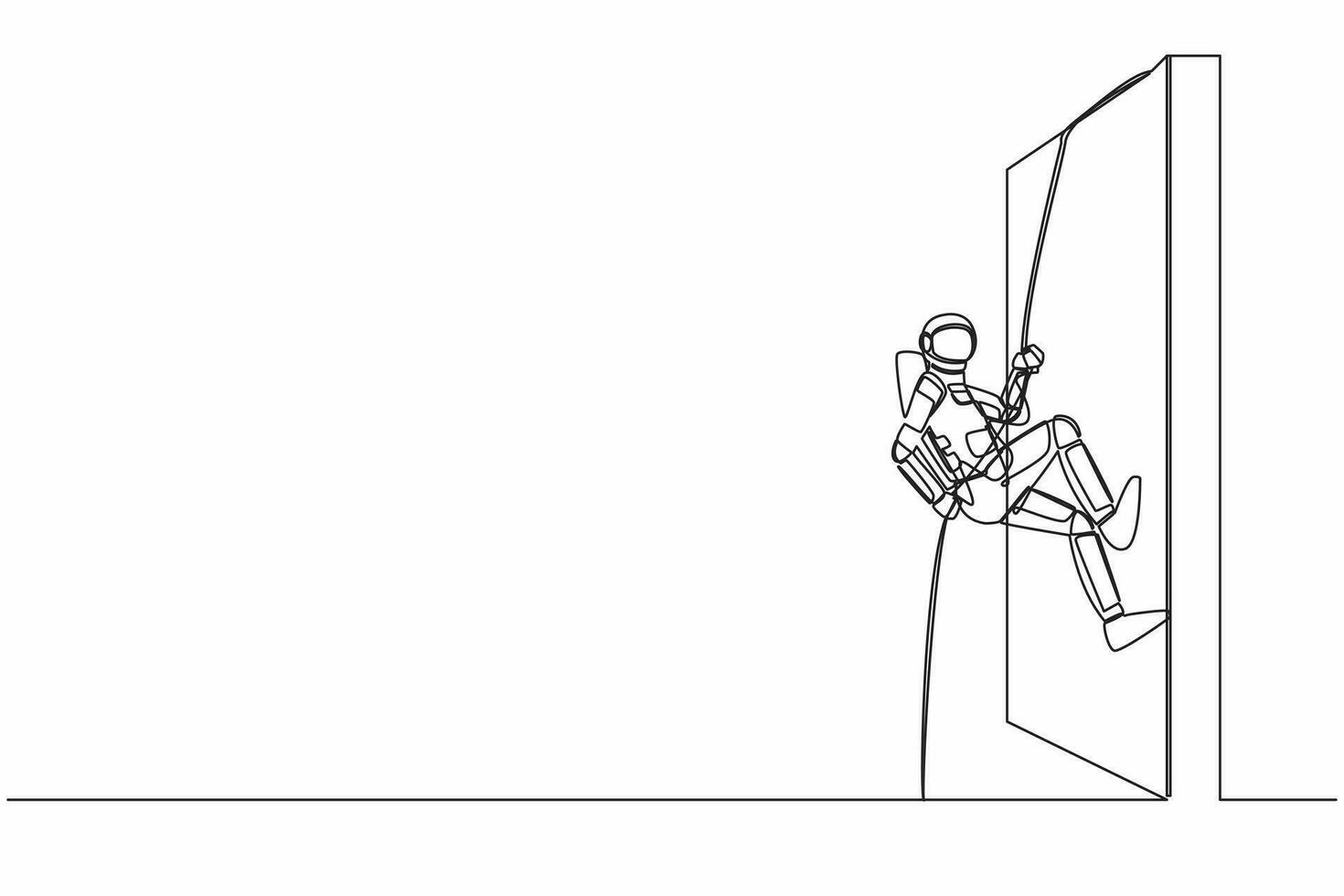 Continuous one line drawing young astronaut climbing over wall with rope in moon surface. Challenge in spaceship expedition. Cosmonaut outer space. Single line draw graphic design vector illustration