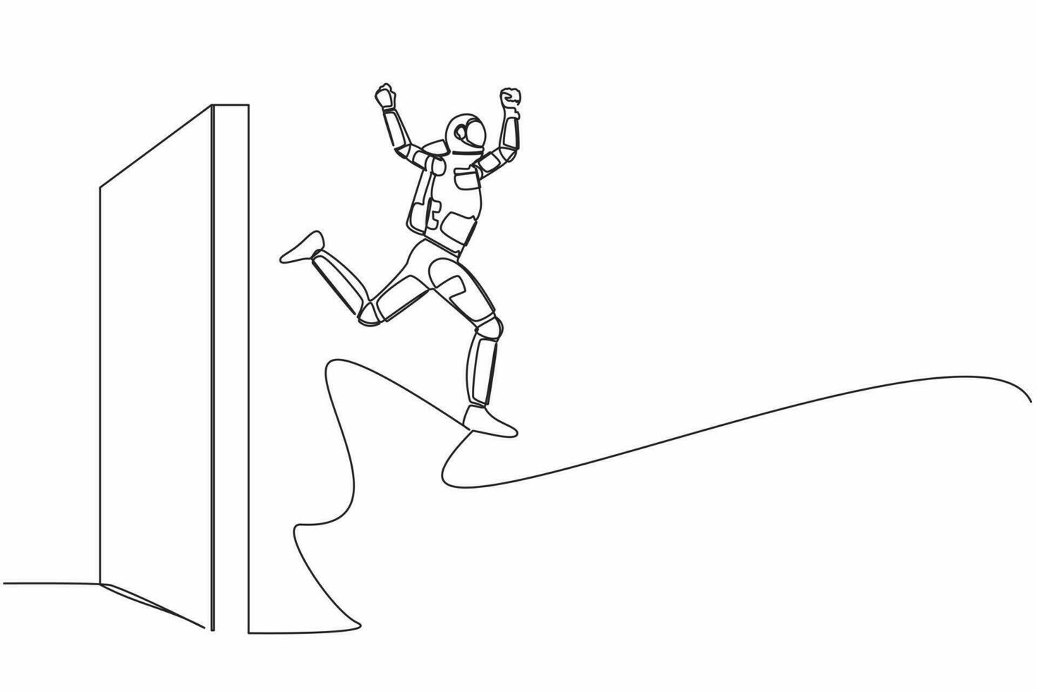 Single one line drawing astronaut managed to jump over the wall in moon surface. Get new experience in interstellar expedition. Cosmic galaxy space. Continuous line graphic design vector illustration