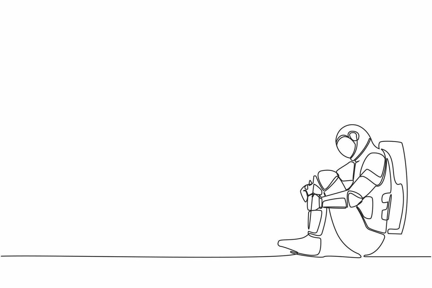 Single one line drawing of astronaut suffer sadness melancholy sitting in despair on the floor. Failed in spaceship exploration. Cosmic galaxy space. Continuous line graphic design vector illustration