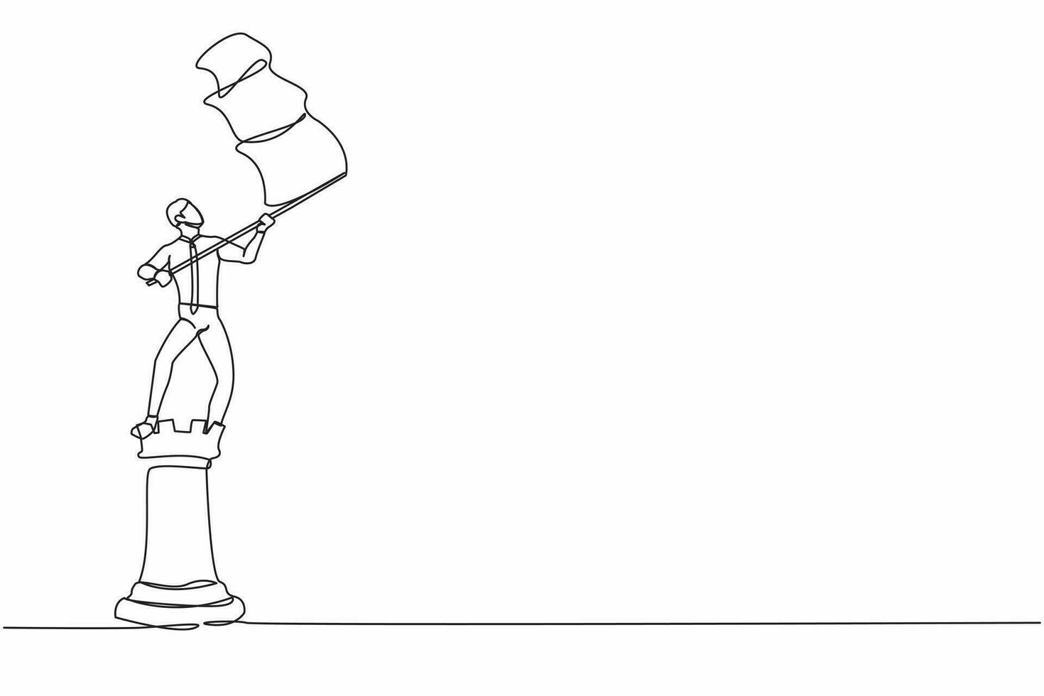 Single one line drawing businessman standing on top of big rook chess piece and waving a flag. Successful leadership. Strategy winning competition. Continuous line design graphic vector illustration