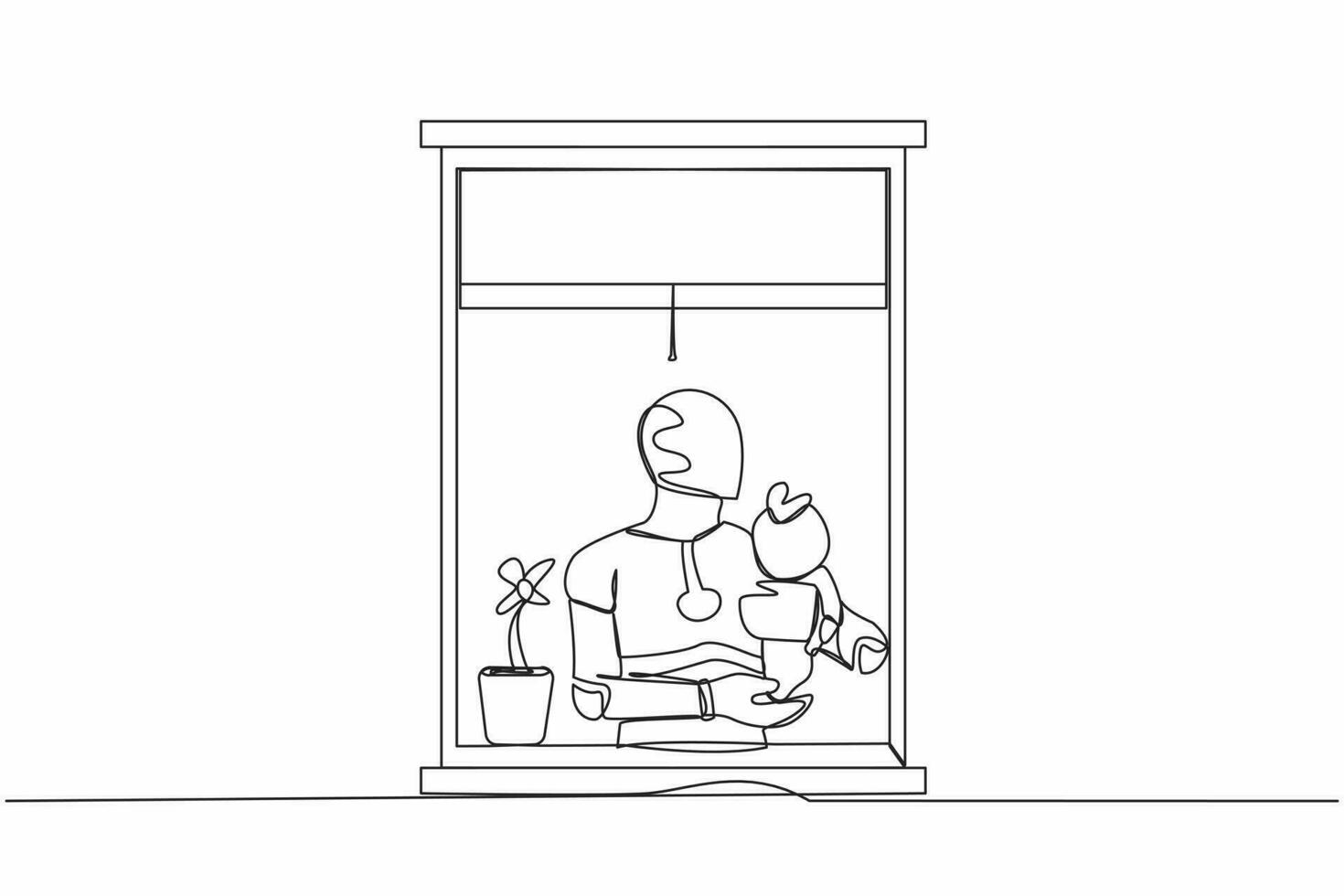 Single continuous line drawing robot holding newborn baby cyborg near window. Future technology development. Artificial intelligence and machine learning processes. One line design vector illustration