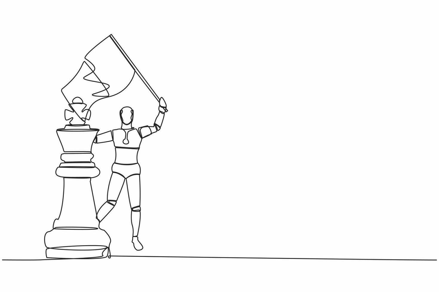 Continuous one line drawing robot waving flag on king chess piece metaphor of win competition. Humanoid robot cybernetic organism. Future robot development. Single line draw design vector illustration
