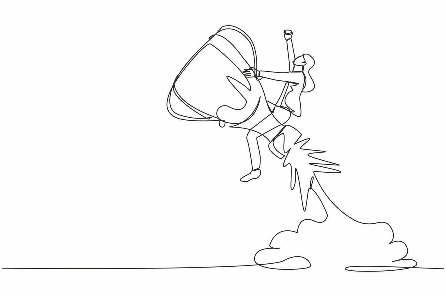 Single one line drawing businesswoman riding trophy rocket flying in the sky. Accelerate business strategy to win competition. Achievement goal. Continuous line draw design graphic vector illustration