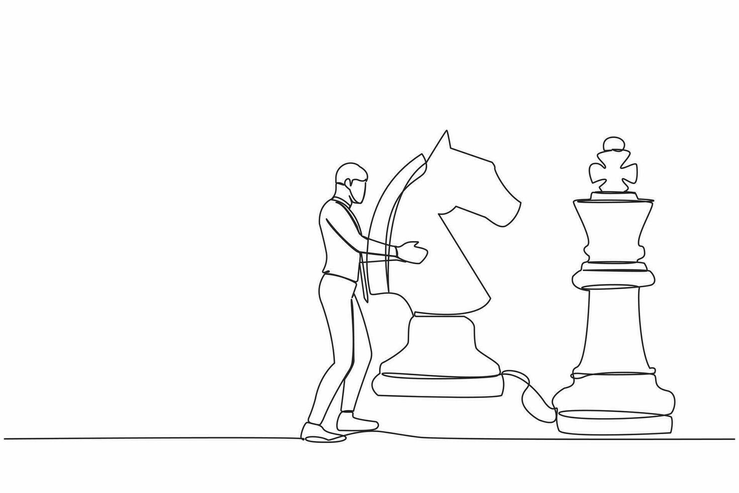 Single continuous line drawing businessman holding horse chess piece to beat king chess. Strategic planning, business development strategy, tactics in game. One line graphic design vector illustration