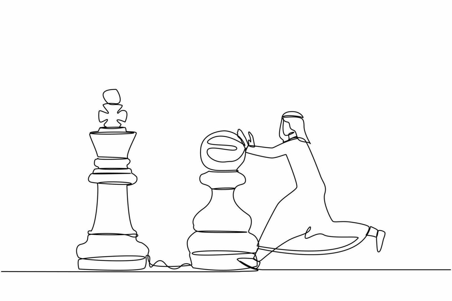 Continuous one line drawing intellect Arab businessman push huge pawn chess piece to beat king. Strategic thinking and smart move in business play game. Single line design vector graphic illustration