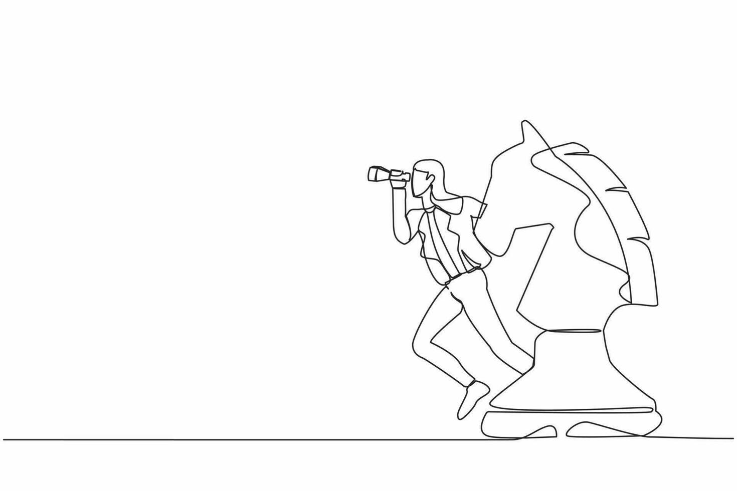Single continuous line drawing businesswoman leader standing on horse chess piece using telescope to see business vision. Leader make decision or opportunity. One line draw design vector illustration