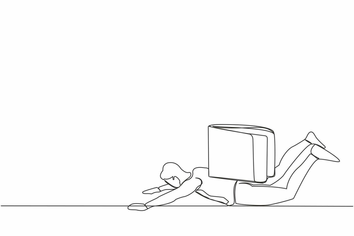 Single one line drawing depressed businessman under heavy wallet burden. Tired hard working office employee. Financial and economic crisis concept. Continuous line design graphic vector illustration