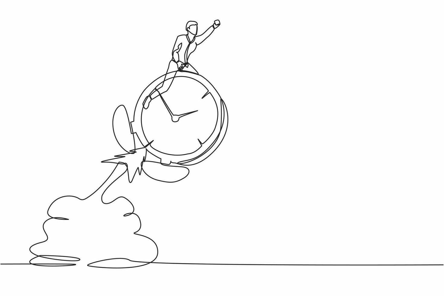 Single one line drawing businessman riding alarm clock rocket flying in the sky. Time management, manage to finish project with deadline, productivity. Continuous line draw design vector illustration