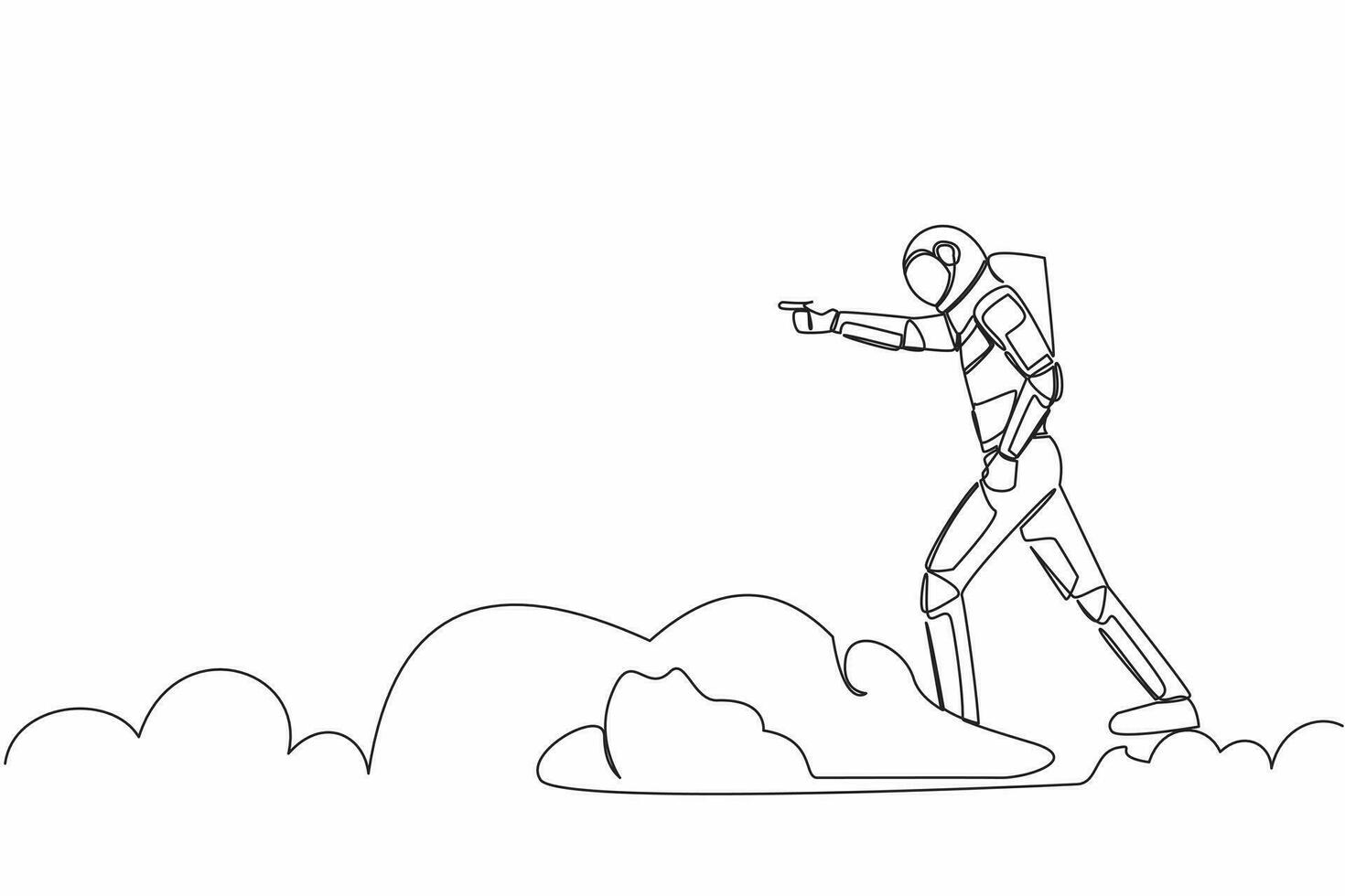 Single one line drawing young astronaut riding cloud on sky, pointing forward, go to future innovation of space industry. Cosmic galaxy space. Continuous line draw graphic design vector illustration