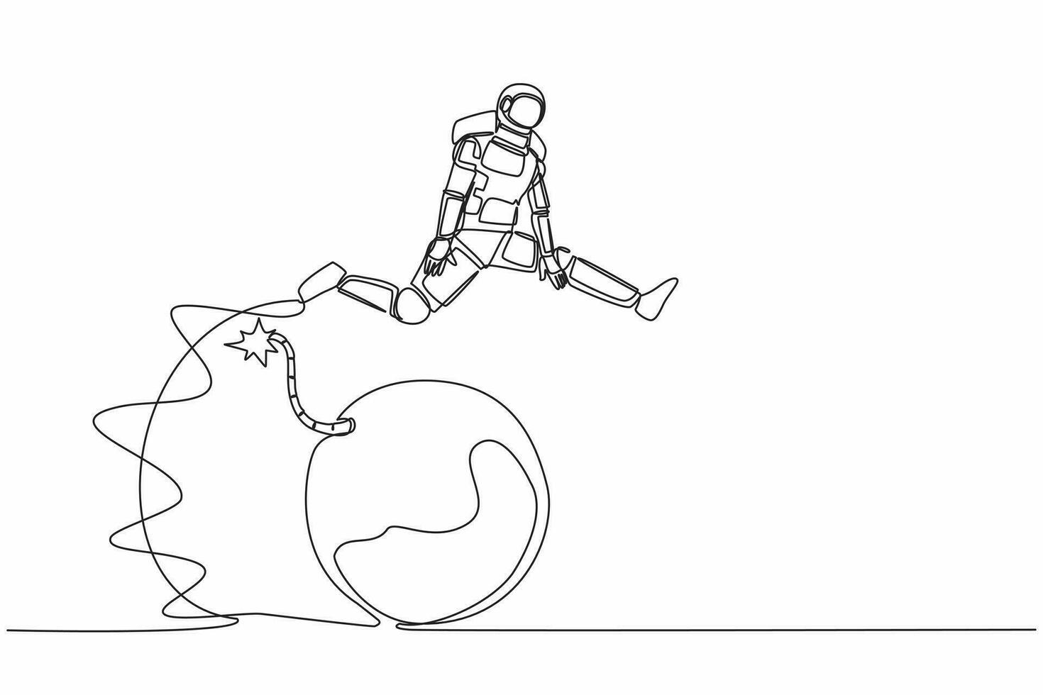 Continuous one line drawing astronaut jumping over bomb. Explosion of the economic crisis caused decrease space company development. Cosmonaut outer space. Single line draw design vector illustration