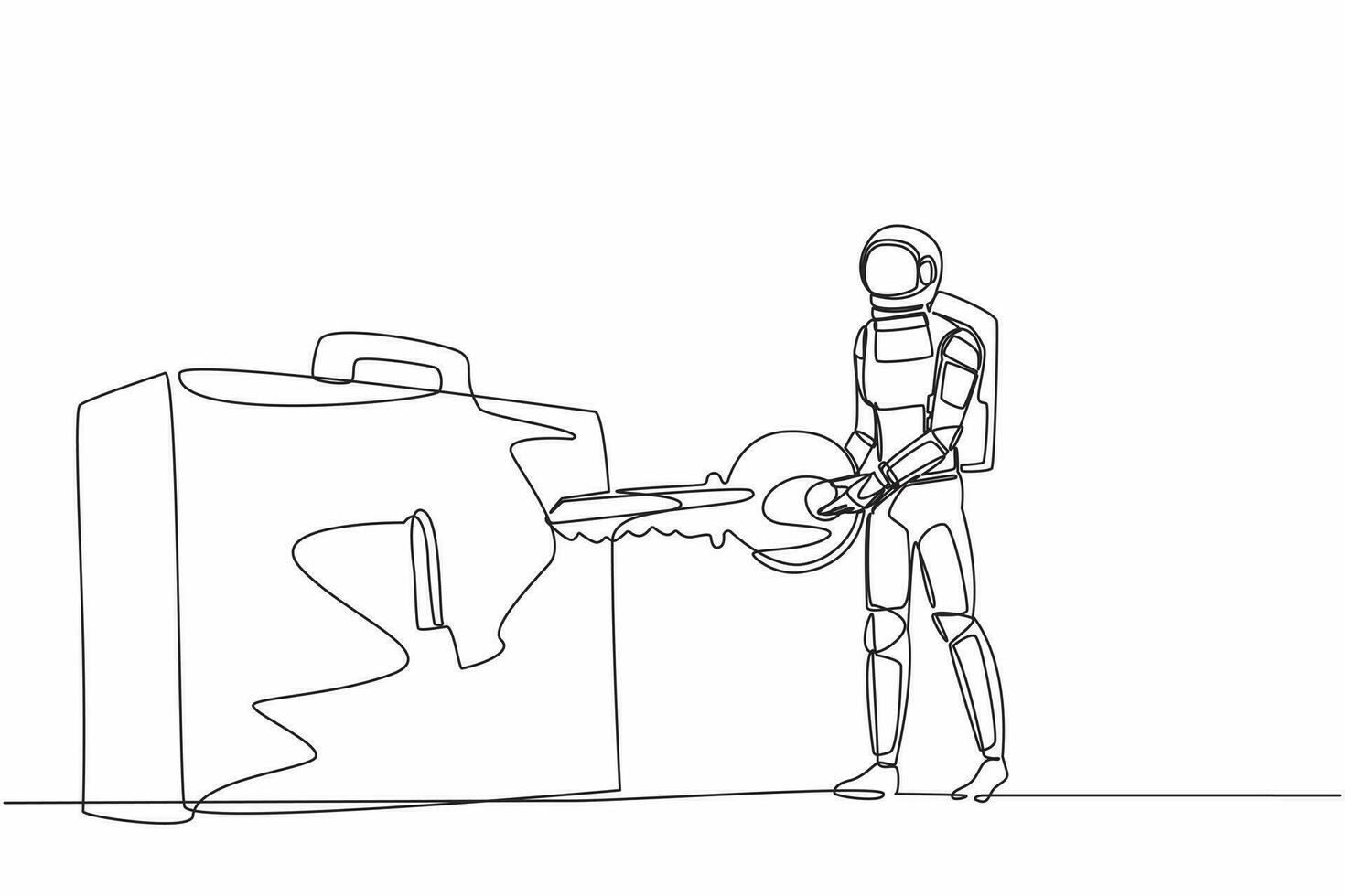 Single one line drawing of young astronaut putting key into briefcase. Safety bag for secret space expedition document. Cosmic galaxy space concept. Continuous line graphic design vector illustration