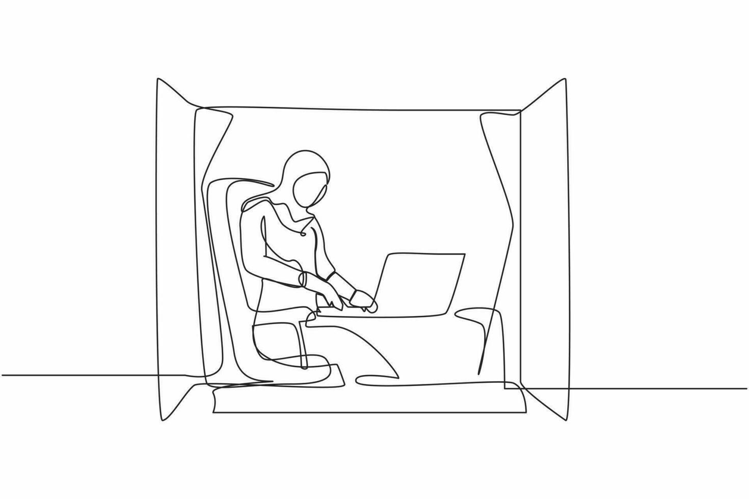 Continuous one line drawing Arab woman working from home near window with laptop. Active businesswoman sitting at desk. Remote work or home office. Single line draw design vector graphic illustration