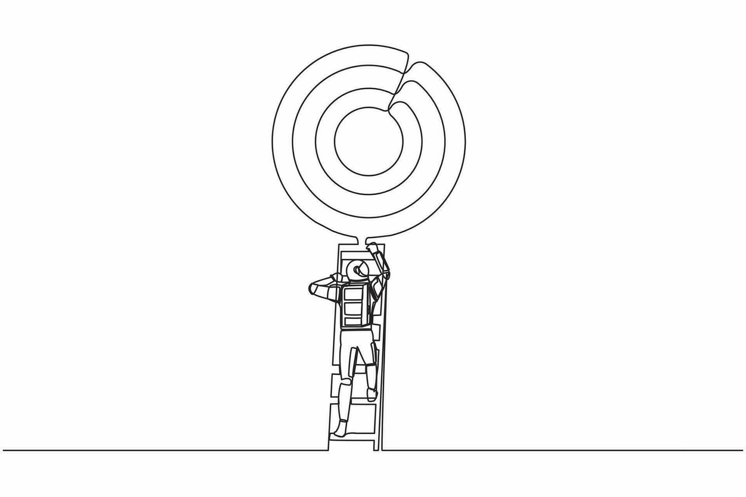 Continuous one line drawing of astronaut rises up stairs to top of target. Achieving spaceship expedition goal. Ladder to the sky. Cosmonaut outer space. Single line graphic design vector illustration