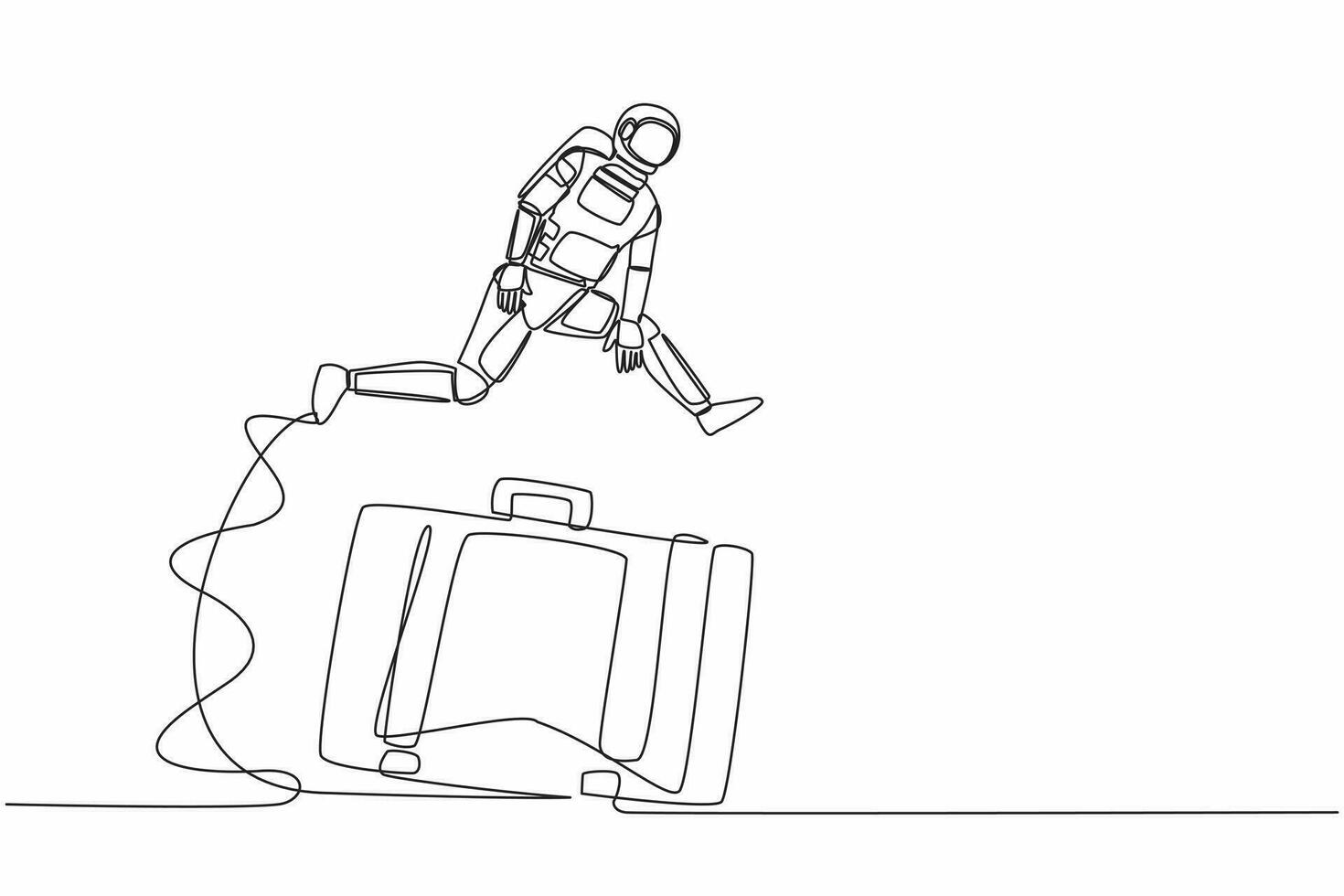 Single one line drawing young astronaut jump over big briefcase. Professional suitcase spaceman, data storage information. Cosmic galaxy space. Continuous line draw graphic design vector illustration