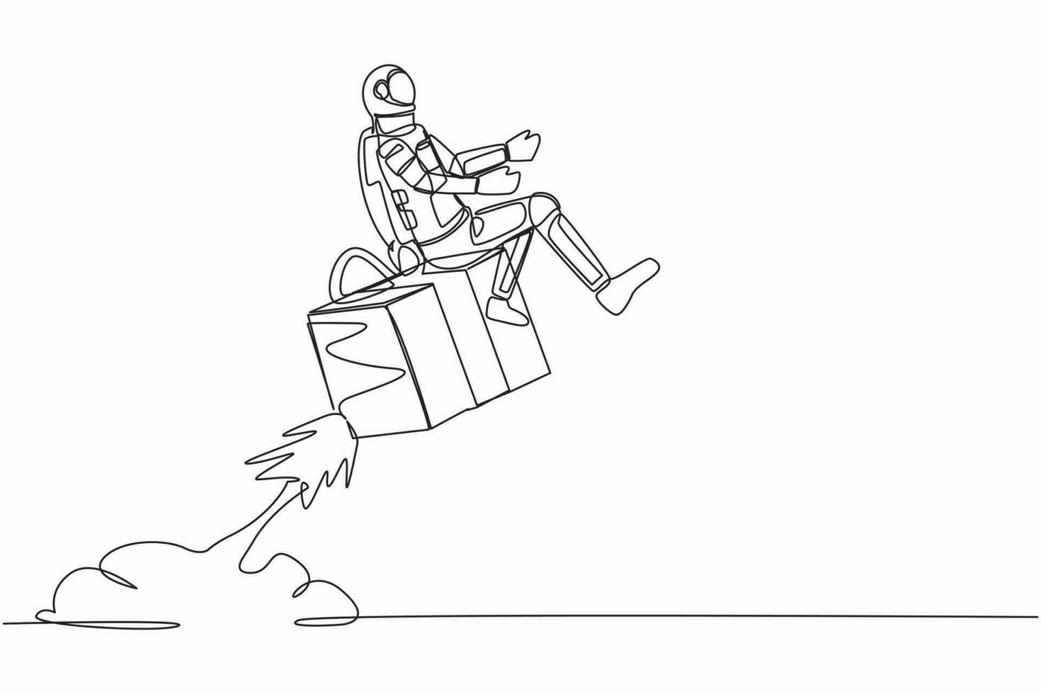 Single continuous line drawing of young astronaut riding gift box rocket flying in moon surface. Fast delivery between galaxy. Cosmonaut deep space. Dynamic one line graphic design vector illustration