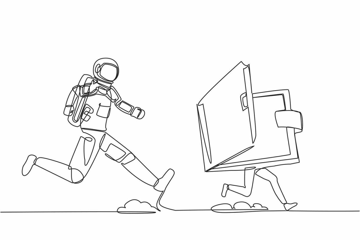 Continuous one line drawing of young astronaut run chasing wallet in moon surface. Digital wallet managed by satellite technology. Cosmonaut outer space concept. Single line design vector illustration