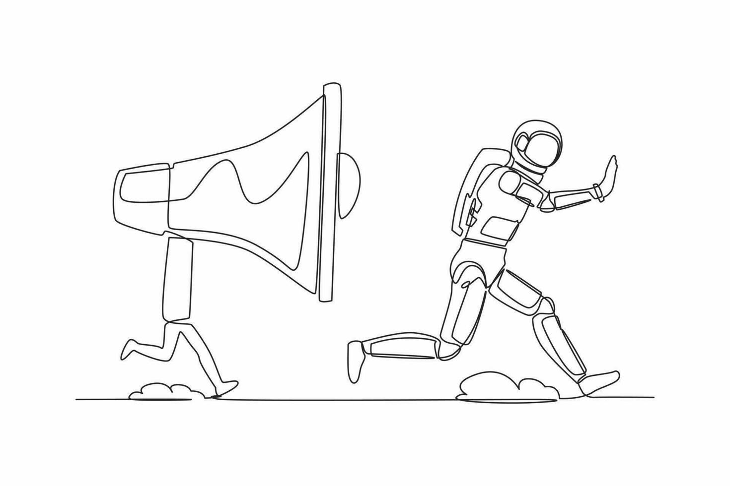 Single continuous line drawing young astronaut being chased by megaphone. Spaceman in loud screaming for mass communication in universe. Cosmonaut deep space. One line draw design vector illustration
