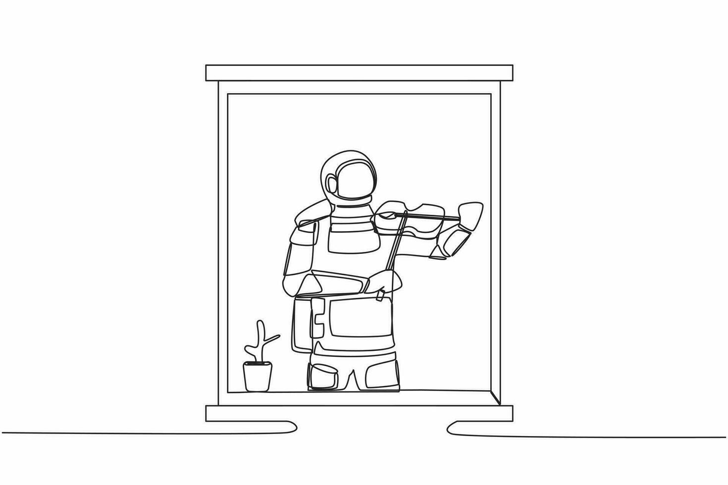 Single continuous line drawing young astronaut musician standing near window and playing violin in room at home in moon surface. Cosmonaut deep space concept. One line draw design vector illustration