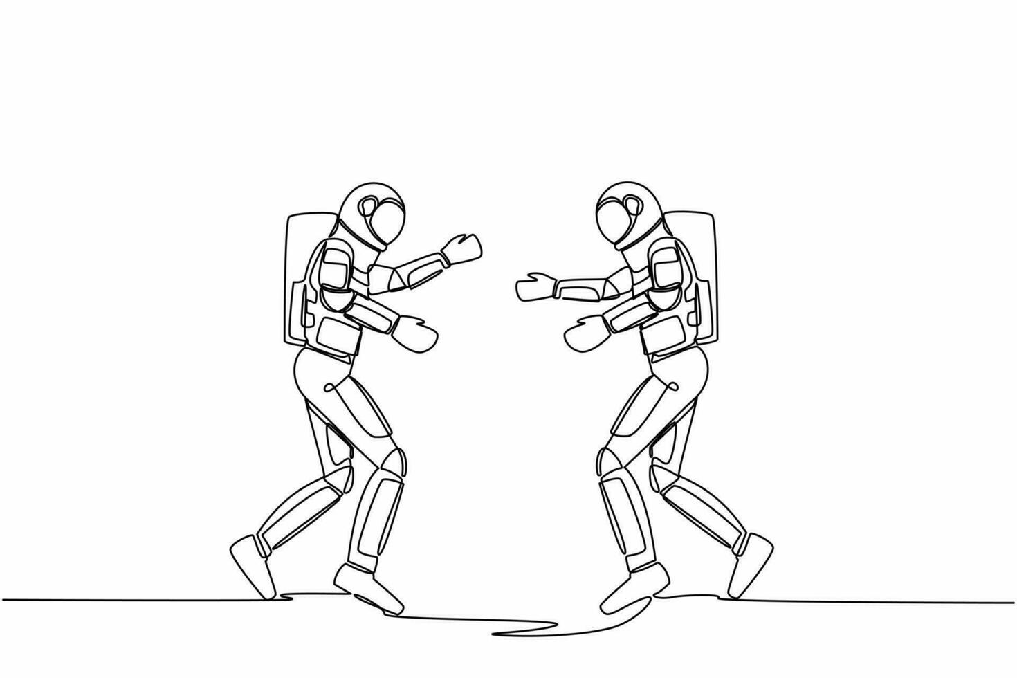 Single one line drawing two young astronaut running face to face while getting ready to hug. Break a happiness between two friends. Cosmic galaxy space. Continuous line draw design vector illustration