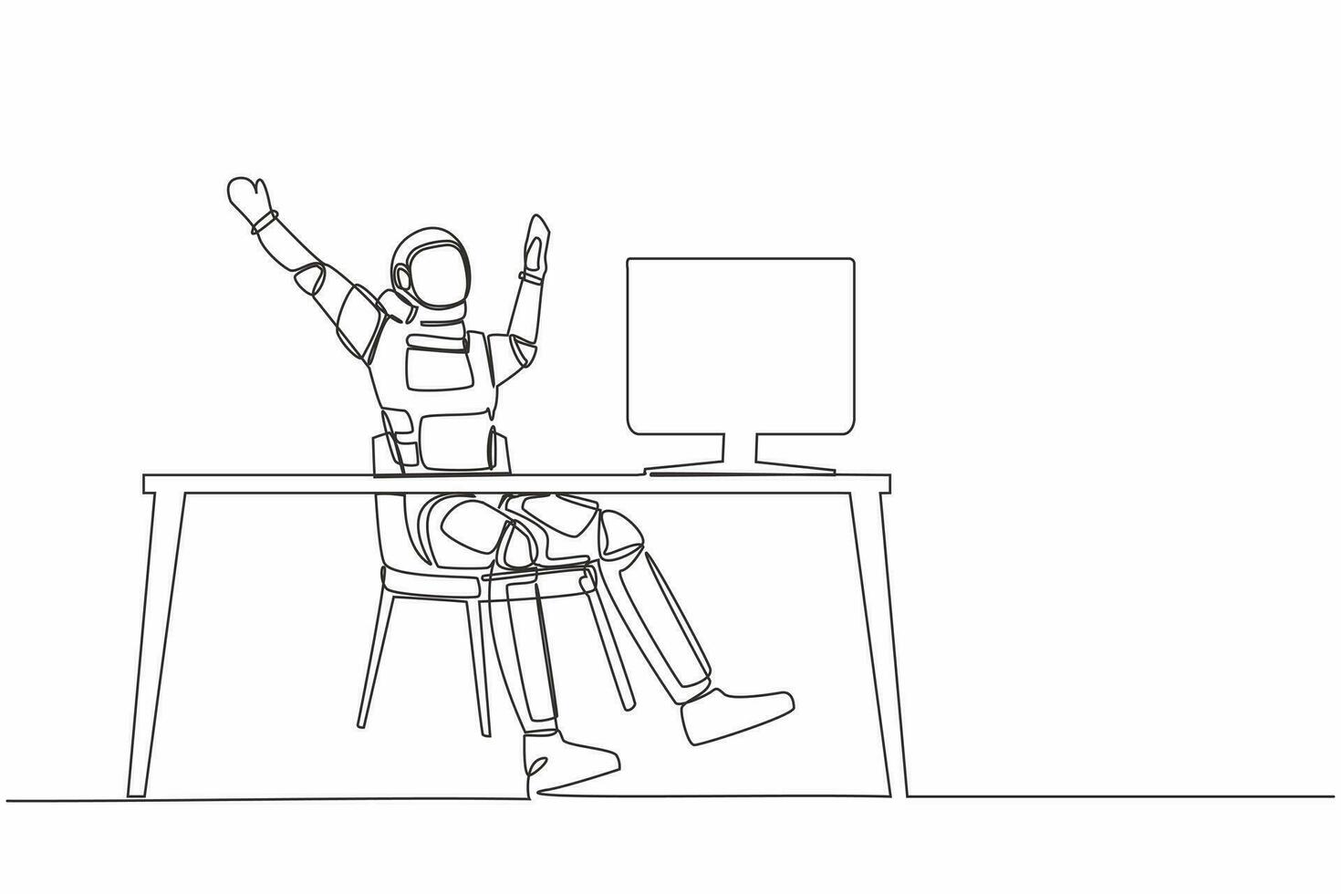 Single continuous line drawing happy astronaut sitting with raised hands near desk with computer. Celebrate successful in cosmic mission. Cosmonaut deep space. One line draw design vector illustration