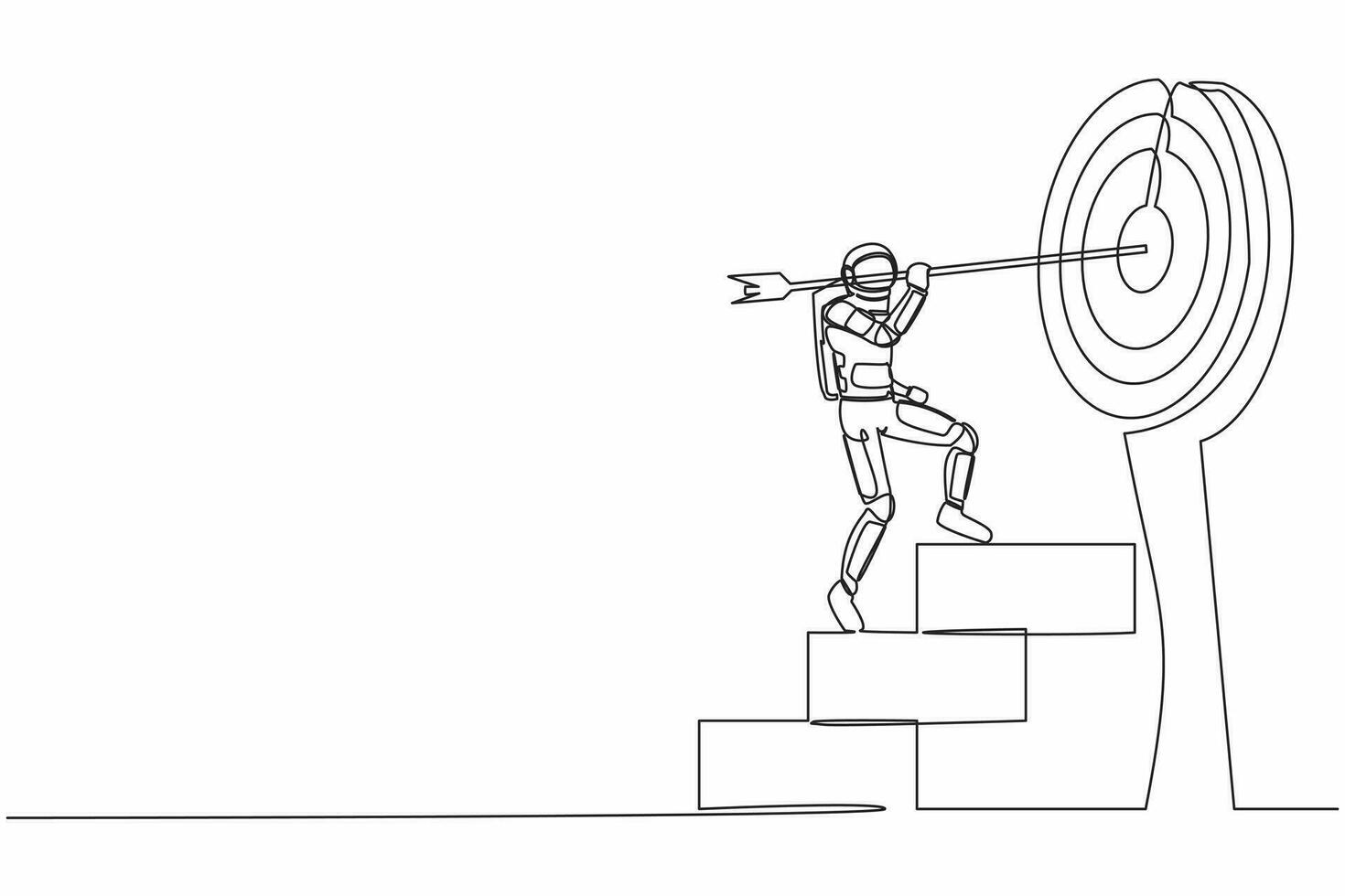 Single one line drawing young astronaut with stuck arrow on stairs towards target. Path to achieving galactic exploration goal so high. Cosmic galaxy space. Continuous line design vector illustration