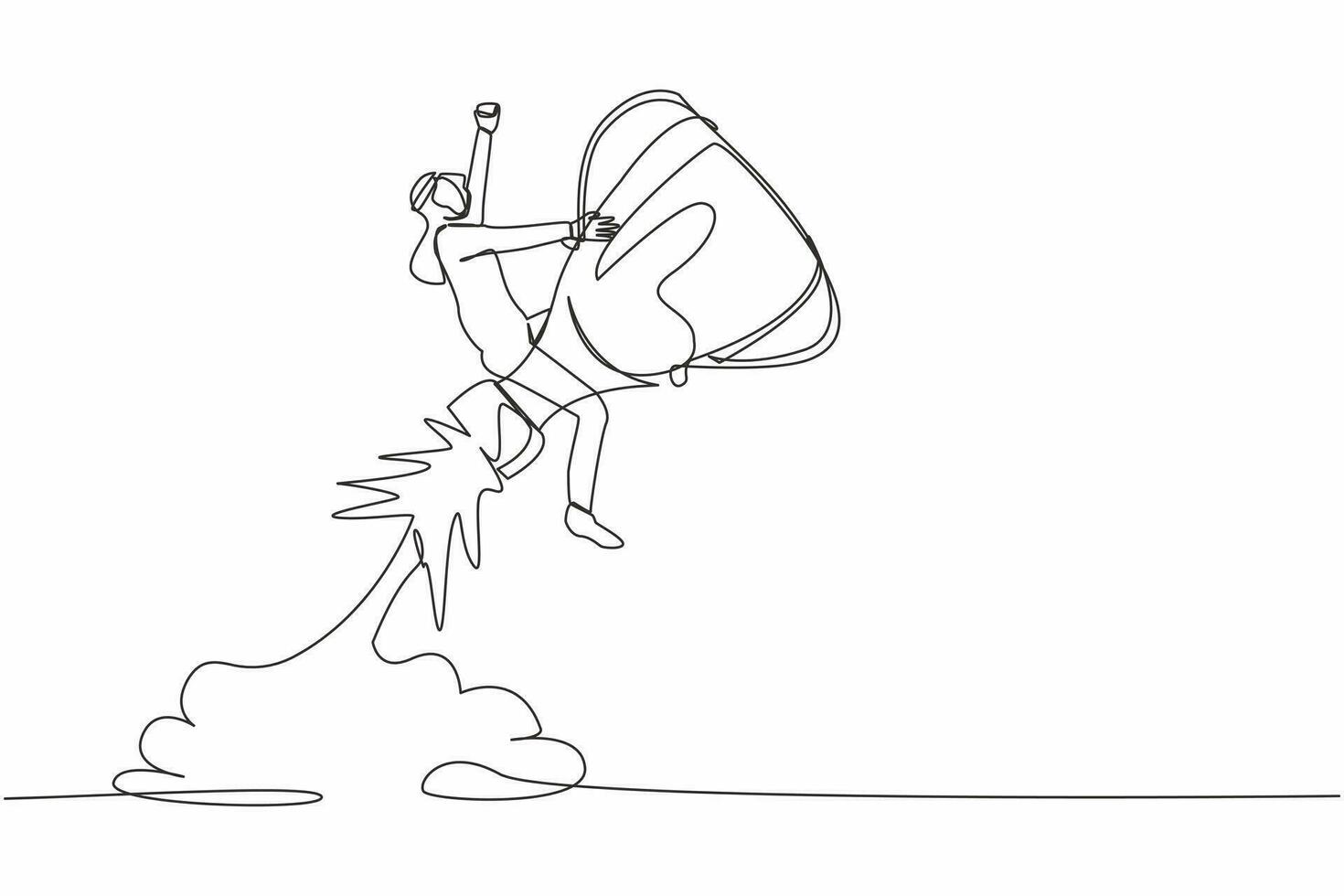 Single continuous line drawing competitive Arab businessman riding trophy rocket flying in the sky. Improve business ability to win competition. Achievement goals. One line design vector illustration