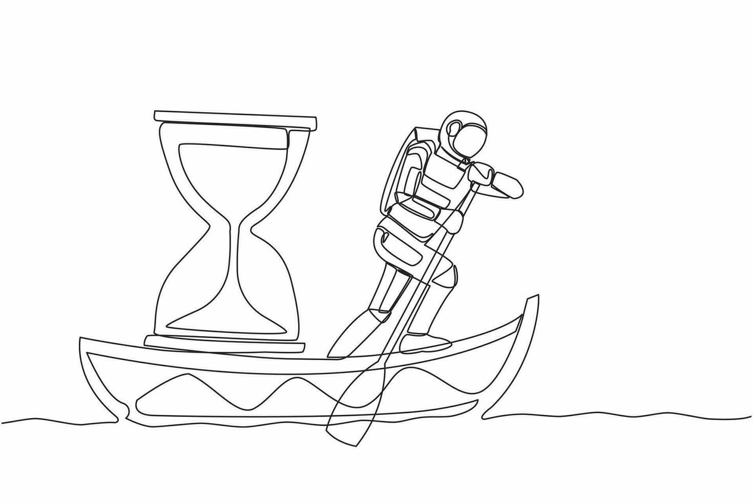 Single continuous line drawing young astronaut sailing away on boat with hourglass. Mission deadline in spaceship exploration. Cosmonaut deep space concept. One line graphic design vector illustration