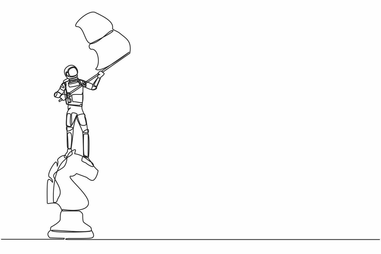 Single one line drawing of young astronaut standing on top of big chess horse knight piece and waving flag. Cosmic galaxy space concept. Modern continuous line draw design graphic vector illustration