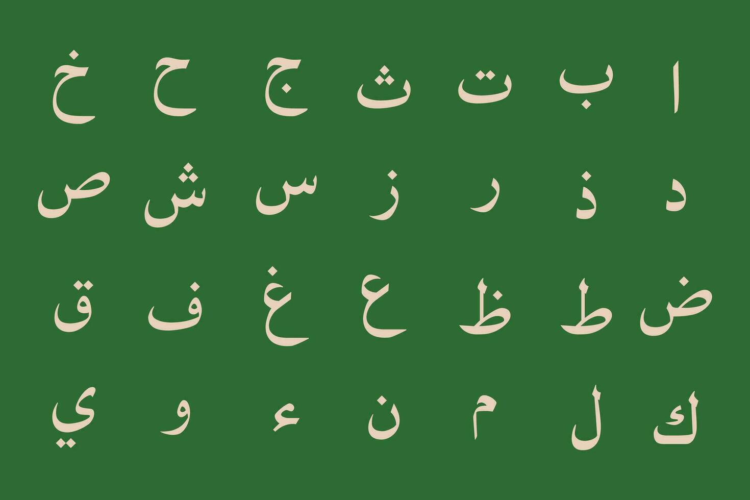 Arabic alphabet set vector on verdun green background.