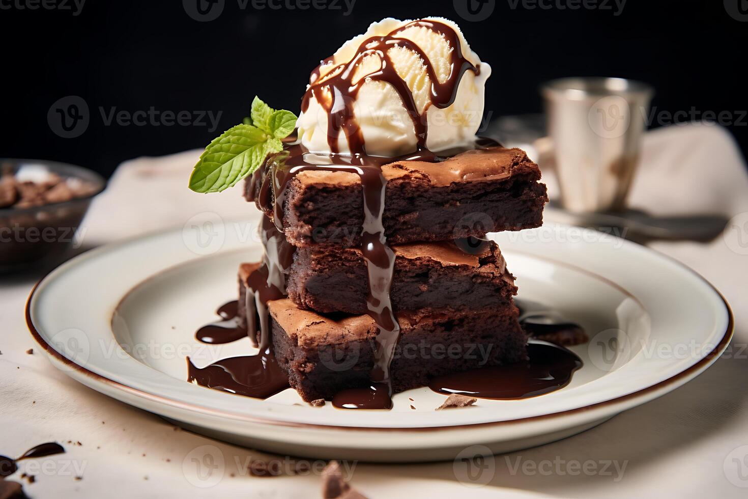 delicious brownie with ice cream on a white plate, AI Generative photo