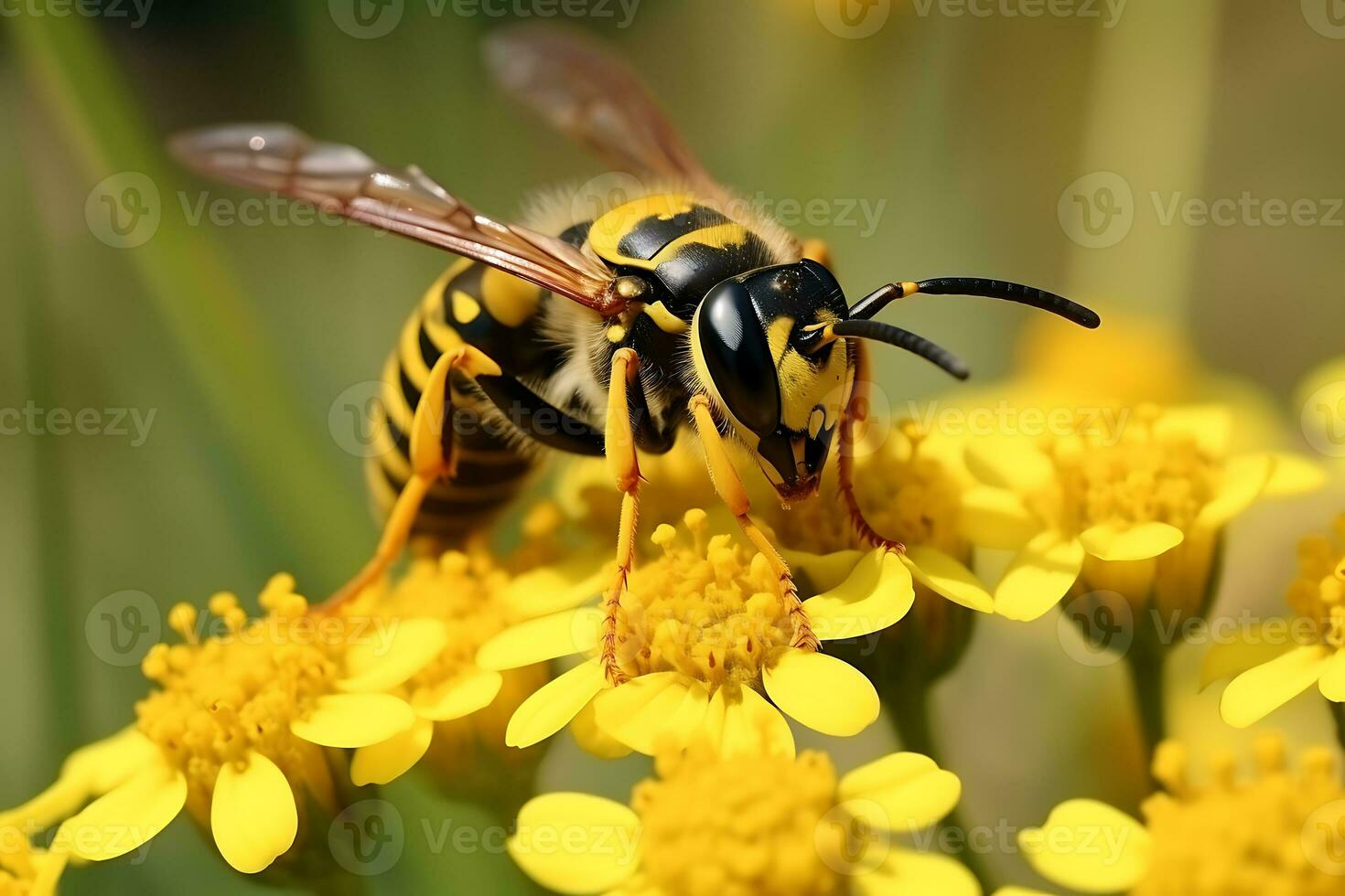 Closeup on the common wasp on a yellow flower, AI Generative photo