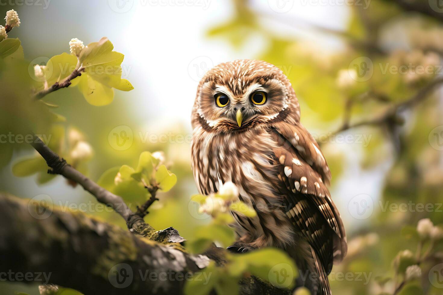 brown owl on tree branch, ai generative photo