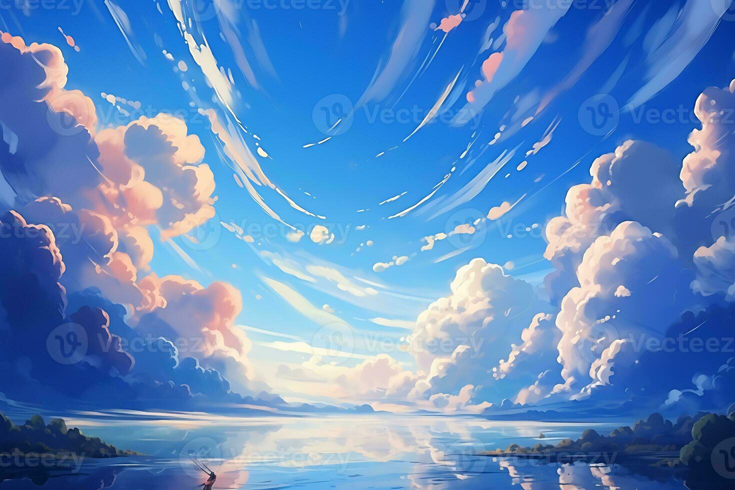 Anime style painting of a blue sky with clouds and a boat, AI Generative photo