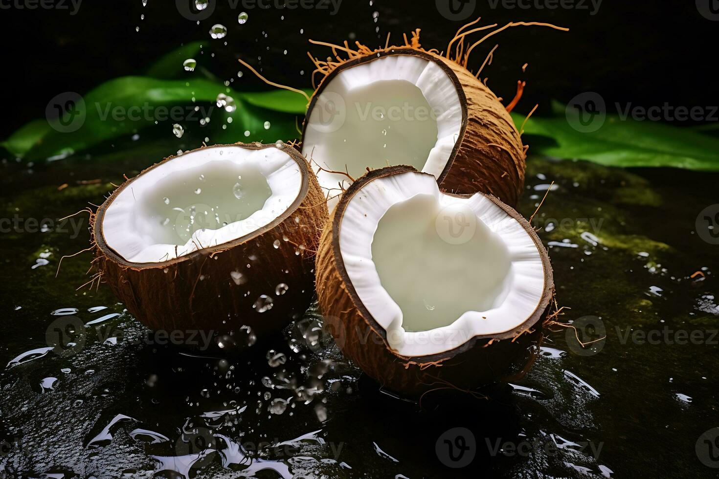 Fresh half break coconuts around on a stone, AI Generative photo
