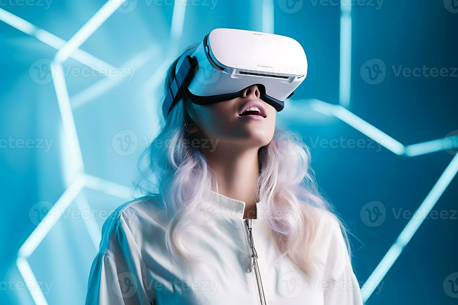 Woman wearing virtual reality simulator, white and bright lightning, ai generative photo